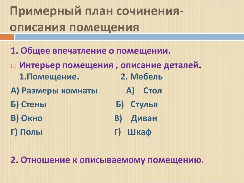 План сочинения описания интерьера 6 класс Сочинение описание помещения сложный план