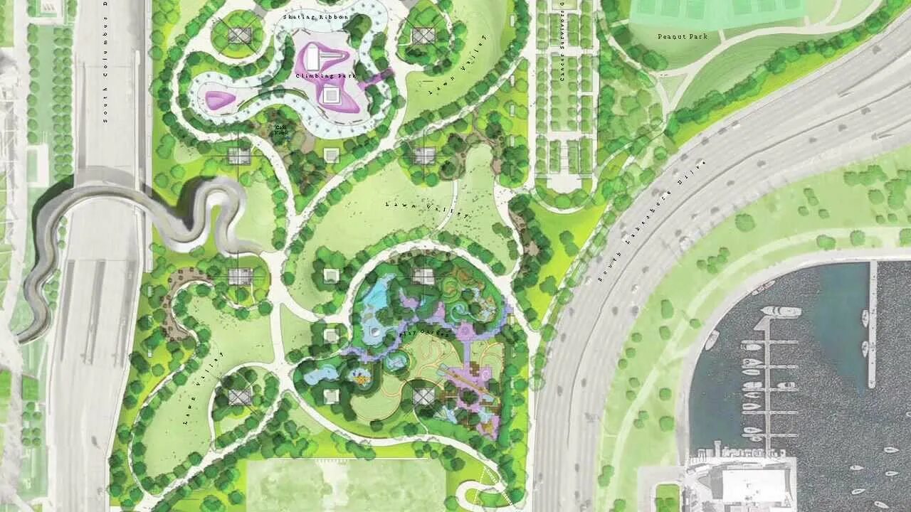 Планировка парковой территории Designing Maggie Daley Park - YouTube