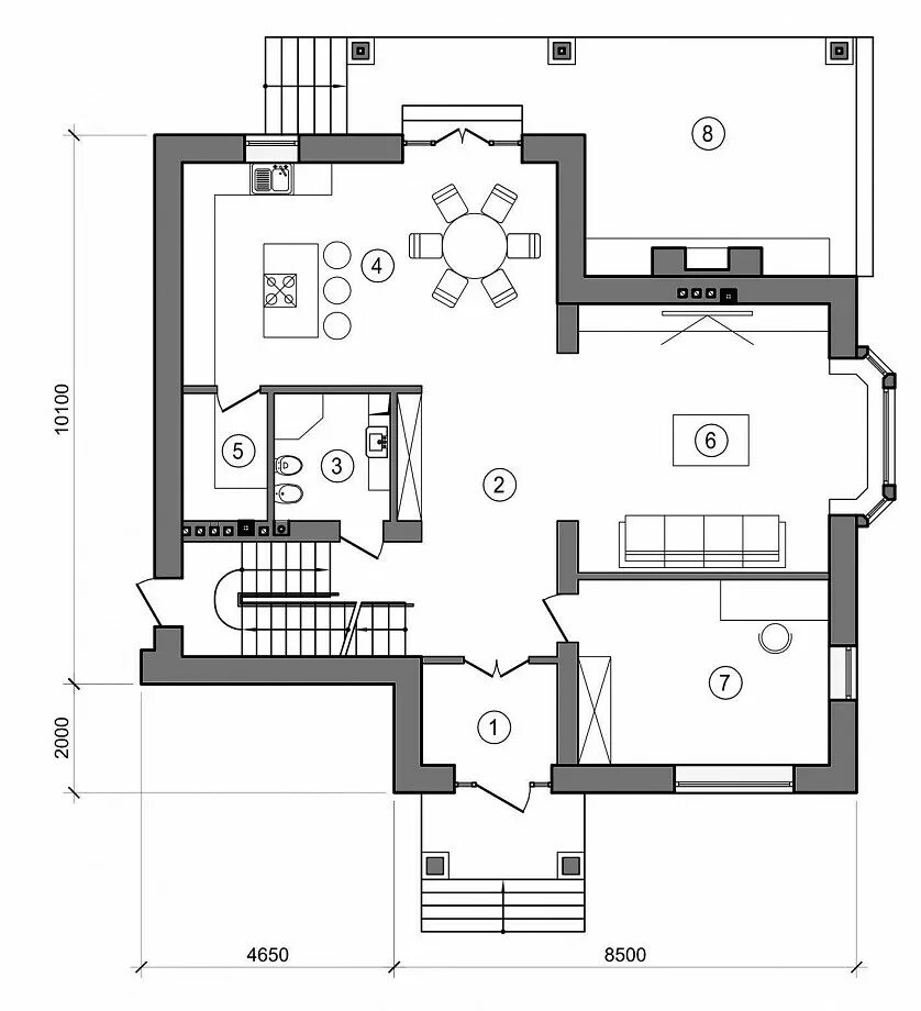 Планировка первого этажа двухэтажного дома с лестницей AZEA GROUP MMC - Azea Inşaat Tender.az