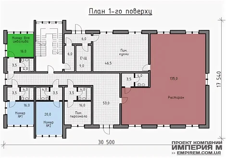 Планировка первого этажа отеля Готовый проект мини гостиницы Кастро Архитектурная компания Империя М проектиров