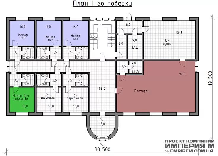 Планировка первого этажа отеля Готовый проект мини-гостиницы Тренд - Архитектурная компания "Империя М" (проект