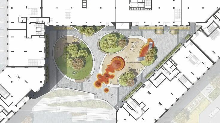 Планировка прилегающей территории Двор секционного дома Residential complex, Hockey rink, Francisco