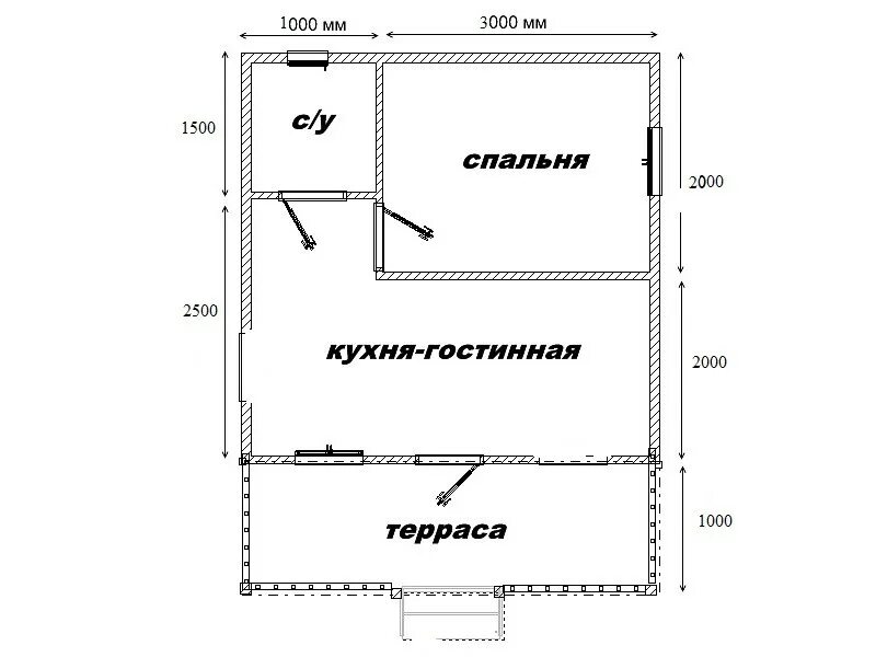 Планировка пристройки к дому Каркасный дачный дом 5х4 м