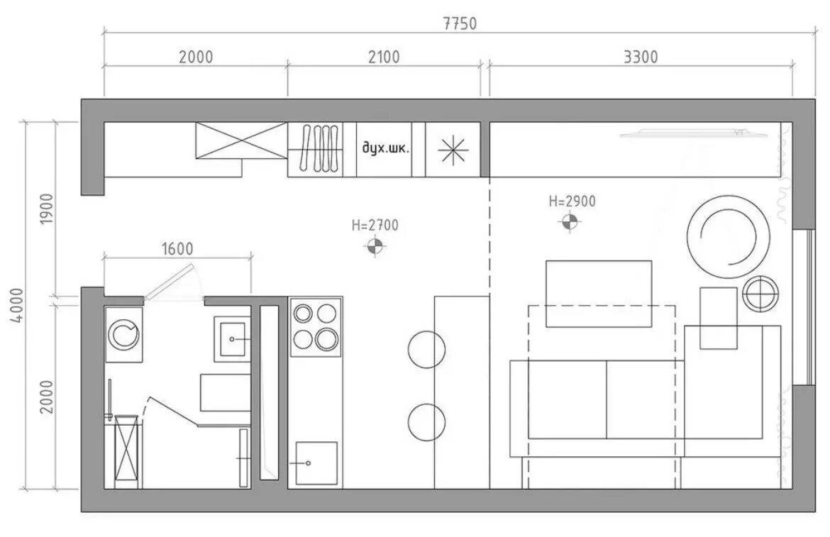 Планировка с отдельной кухней Купить 1-комнатную квартиру, 19 м² по адресу Республика Бурятия, Улан-Удэ, улица