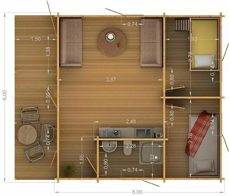 Планировка садового дома Проект дачного дома 6х6 м Домики, Планировки, План крошечного дома