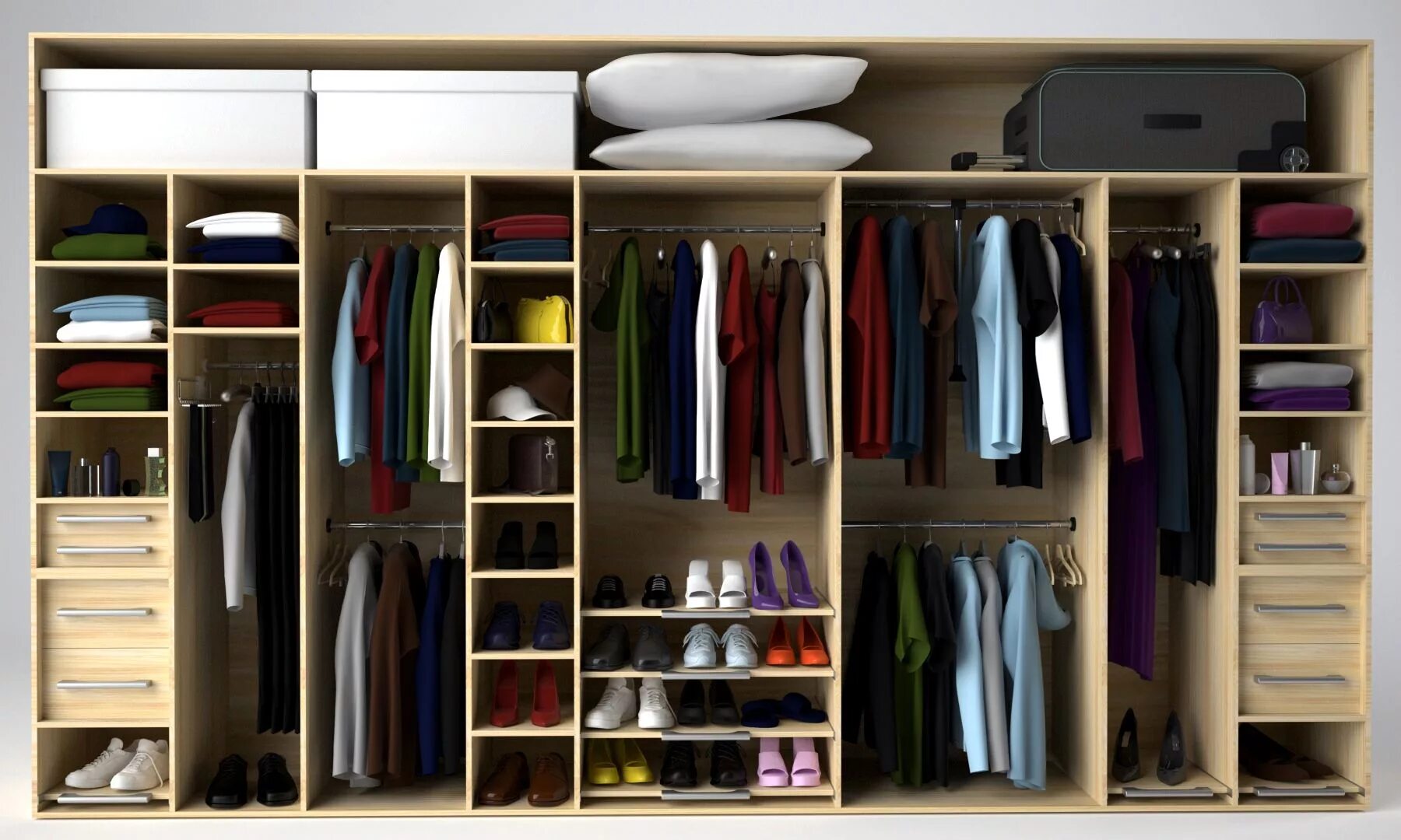 Планировка шкафа для одежды в спальню Fitted sliding door wardrobe interior, his & hers. Matrix Closet designs, Wardro