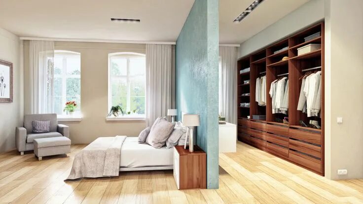 Планировка спальни с гардеробом Die optimale Schlafzimmer-Aufteilung: Neben dem Schlafbereich befindet sich ein 