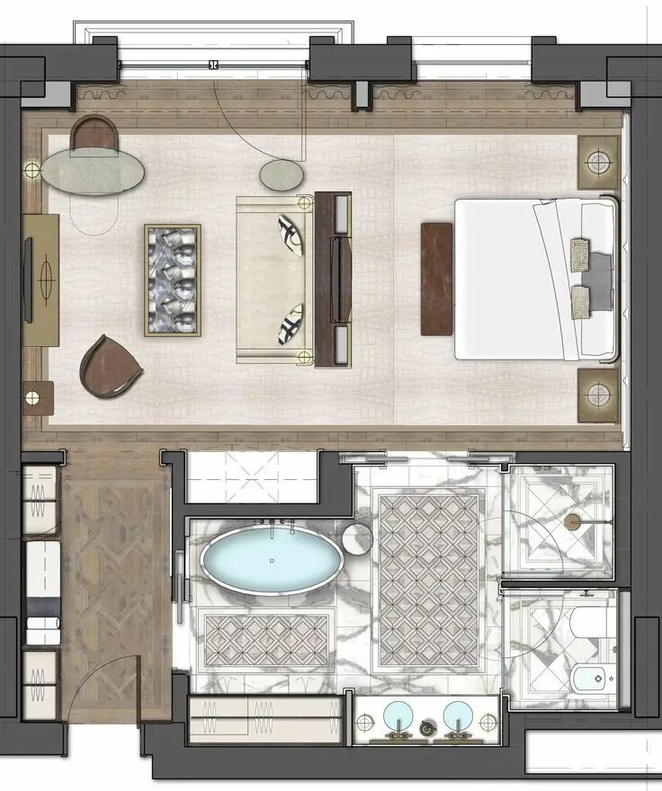 Планировка спальни с туалетом Hotel Floor Plans - Importance and Benefits - 2D & 3D Plans Slaapkamer modern, H