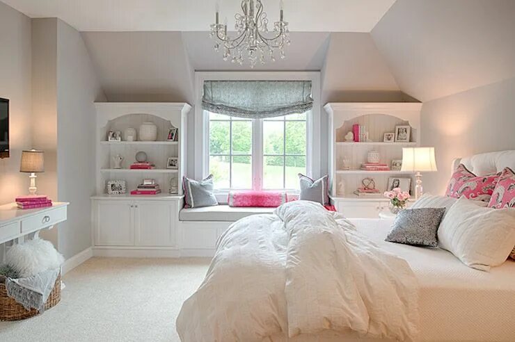 Планировка спальня для девочки Studio M Interiors - girl's rooms - sloped ceiling, gray walls, gray wall color,