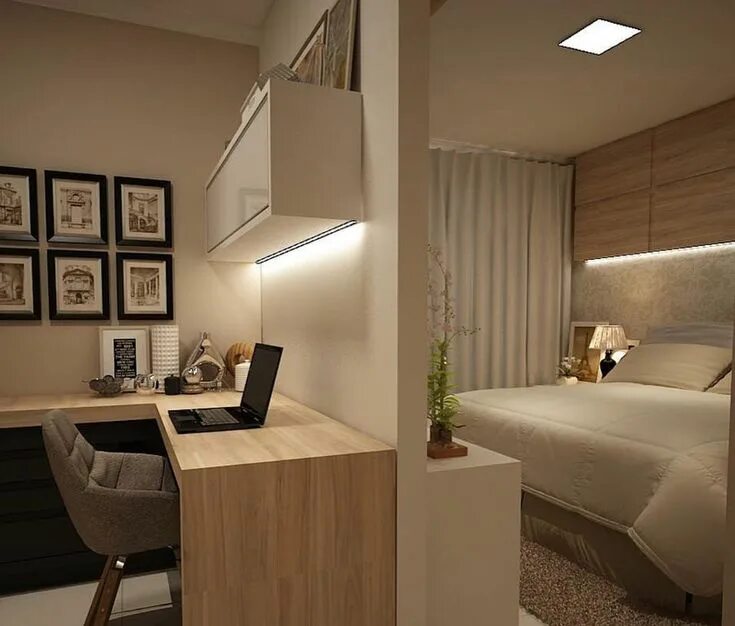 Планировка спальня кабинет Quarto de casal e home office ao lado traz modernidade ao projeto e sofisticação