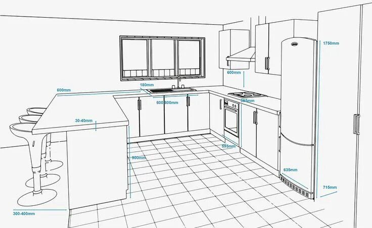 Планировка стен кухни Standard appliance and unit measurements NZ Kitchen layout plans, Kitchen floor 