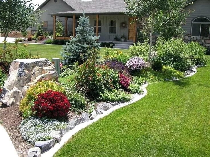Планировка цветника на участке с дорожками Image result for front house foundation plants Backyard landscaping designs, Fro