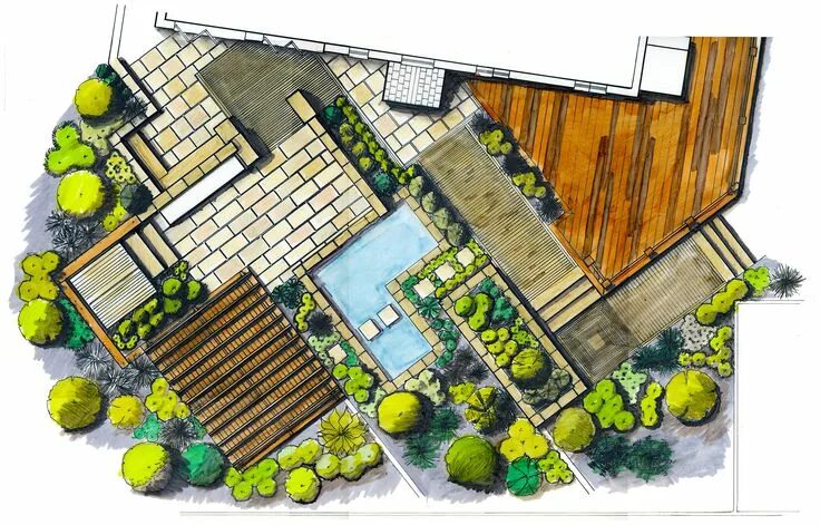 Планировка участка под горизонтальную плоскость с решением Ashley Thompson Garden Design and Landscaping Trädgårdsritning, Trädgårdsplaneri
