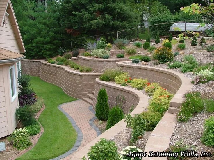 Планировка участка с перепадом Agape Retaining Walls Hardscape Photo Album Bahçe tasarım fikirleri, Bahçe düzen