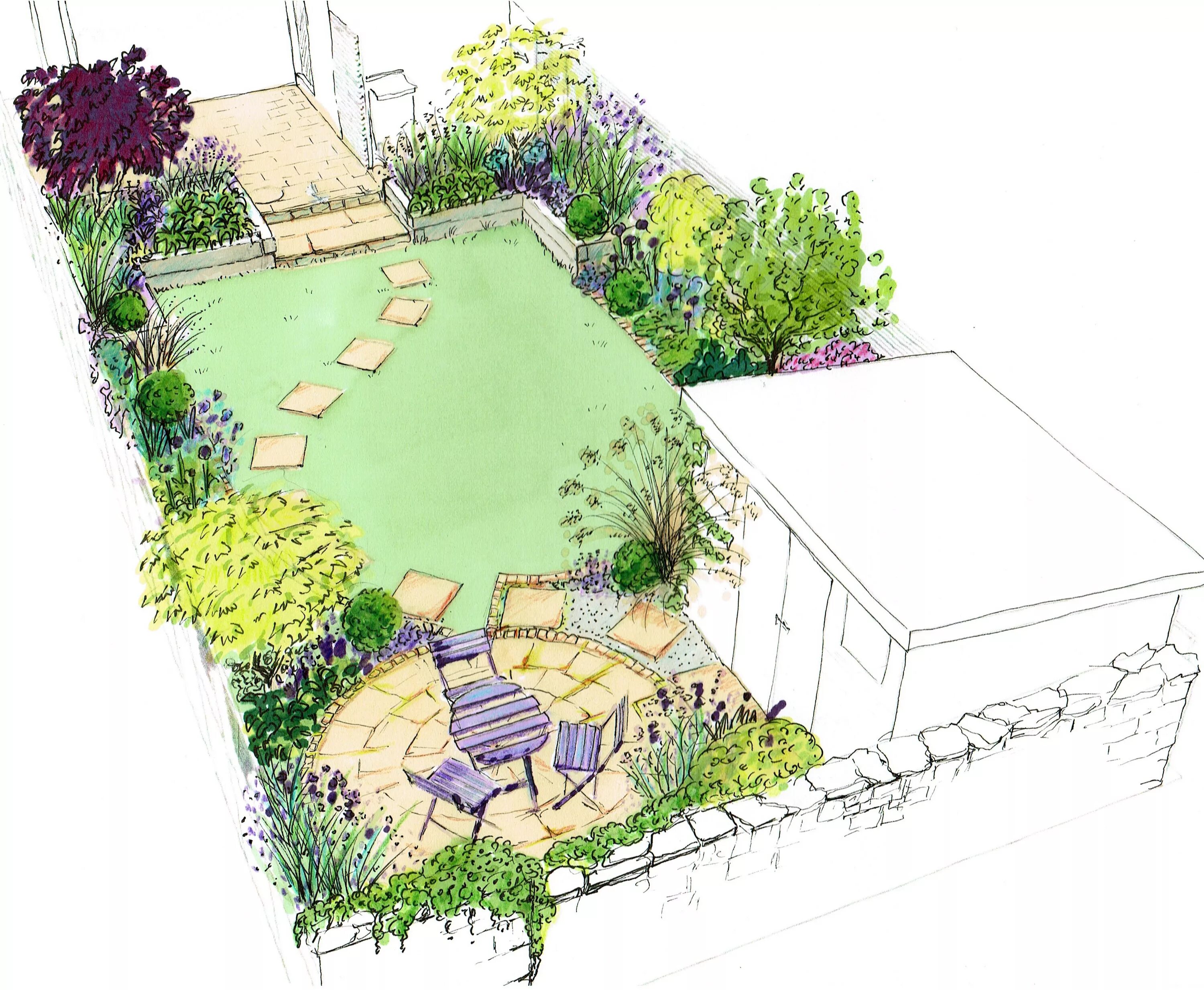 Планировка участка цветами Idea for a small back town garden. A curving lawn, with a circle patio, shed and