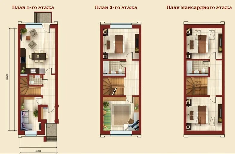 Планировка узкого дома 2 этажа ≡ Купить пятикомнатную квартиру в Квартал таунхаусов "Вяземское", цены - Nbuild