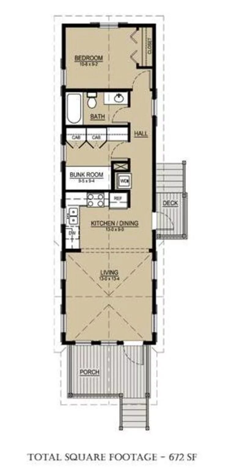Планировка узкого дома Cottage Style House Plan - 2 Beds 1 Baths 672 Sq/Ft Plan #536-4 Narrow house pla