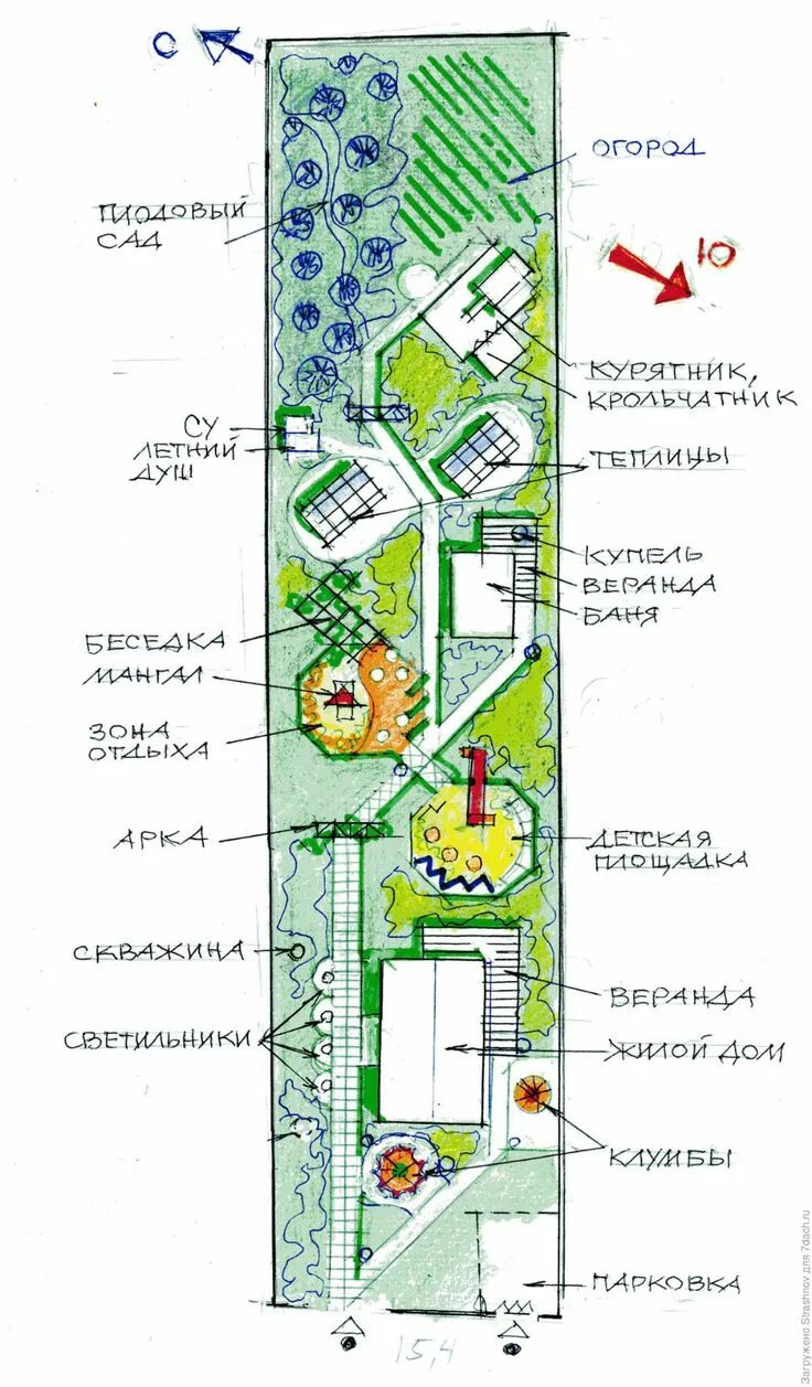 Планировка узкого участка 10 соток схема планировки узкого участка