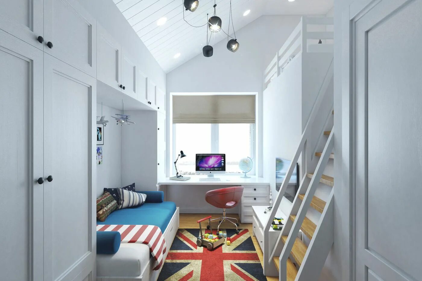 Планировка узкой комнаты для ребенка Small Teenage Room Design with a Second Floor Sleeping Quarters Teenage room des