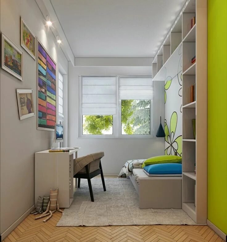 Планировка узкой комнаты для ребенка jugendzimmer-gestalten-klein-raum-gruen-blumen-wand-schreibtisch-regal Kleines k