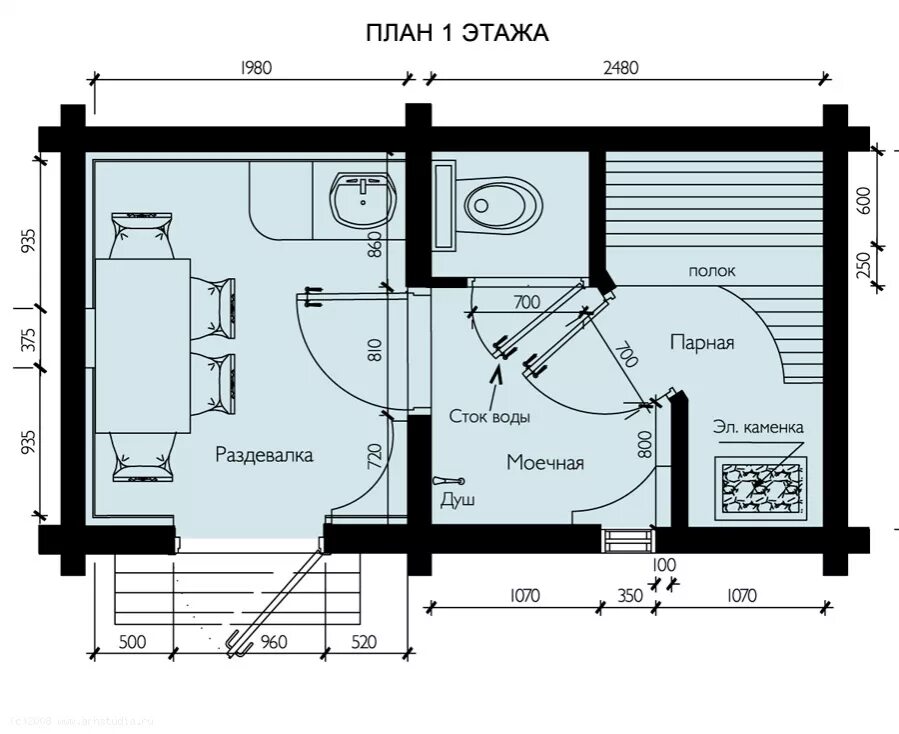 Планировка в бане размер 6 3 Уник.№: K-173 Баня Дубок
