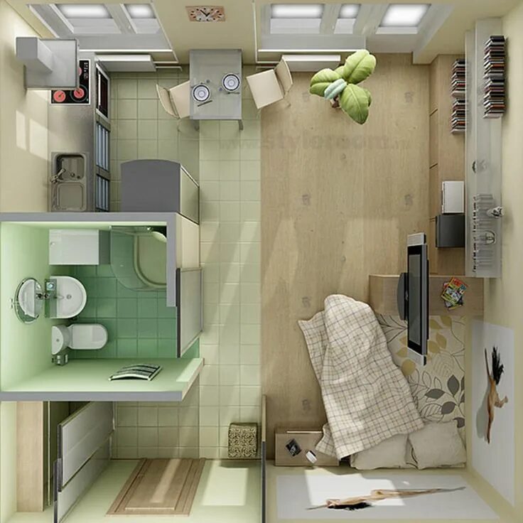 Планировка в квартире 17 кв Plantas de apartamentos pequenos e quitinetes Studio apartment floor plans, Smal
