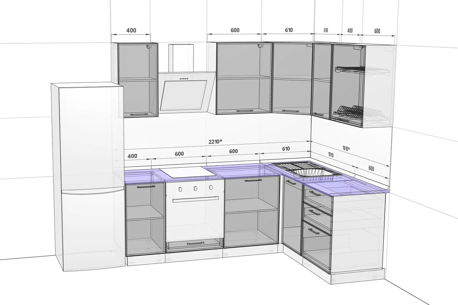 Планировка встроенной кухни Проект кухонного гарнитура углового фото - DelaDom.ru