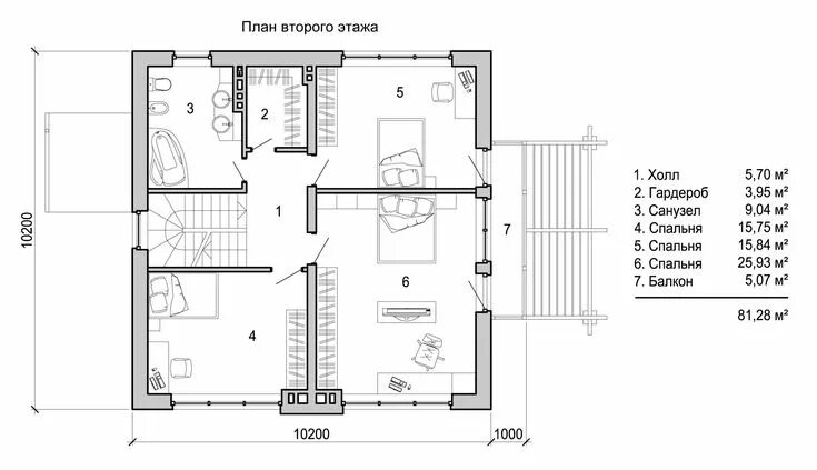 Планировка второго этажа План второго этажа двухэтажного дома в стиле шале с двускатной кровлей Дом, Стро