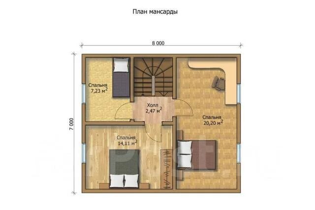 Планировка второго этажа 8 на 8 Небольшой коттедж на Спутнике, 650 кв. м. 97,0 кв. м. собственность, скважина, 1