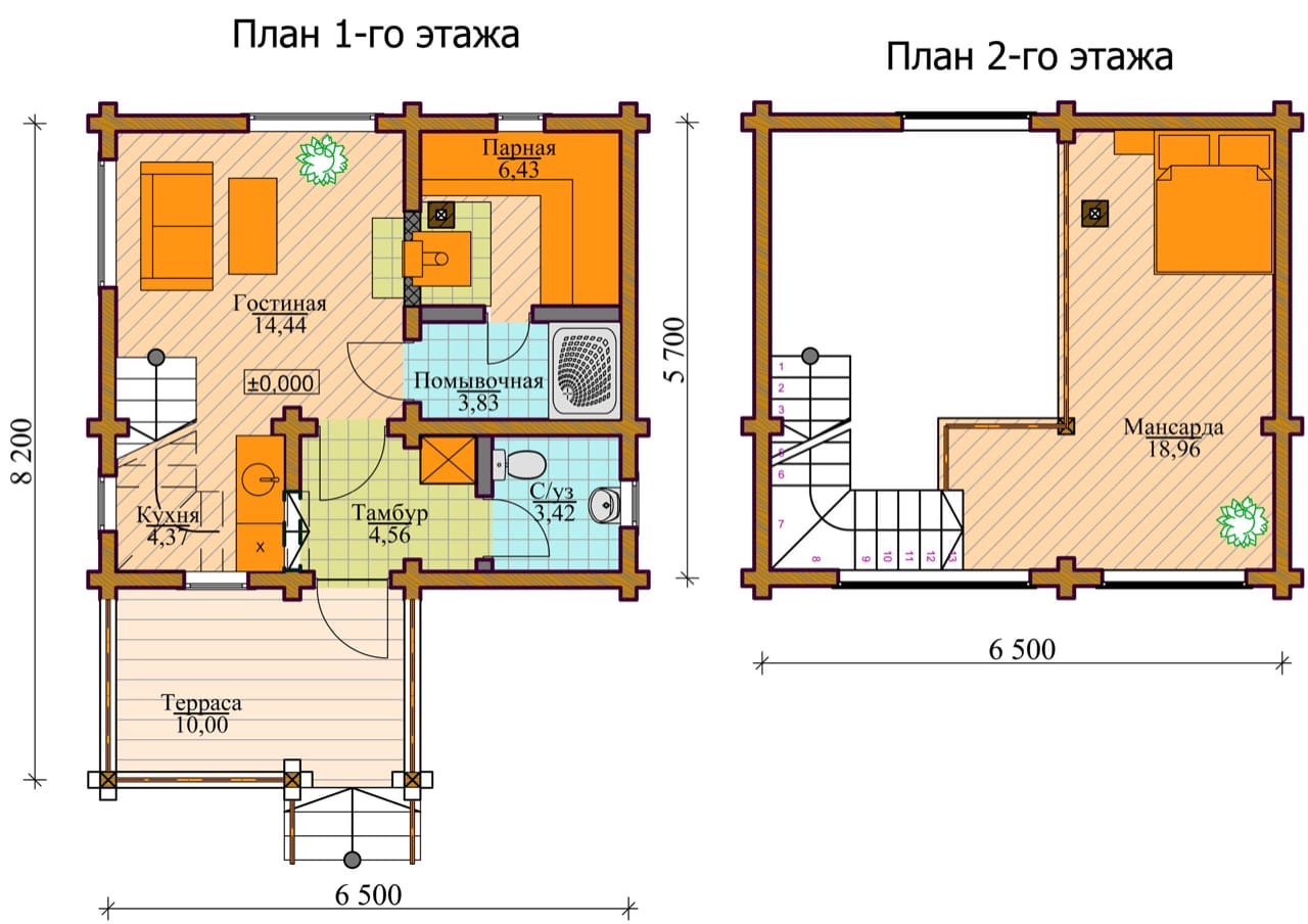 Планировка второго этажа бани Баня 8.2х6.5м из профилированного бруса - Деревянное домостроение