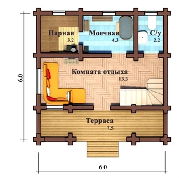 Планировка второго этажа бани Планировка двухэтажной бани 6 х 6 м. с террасой и бильярдом. 2024 Строительство 