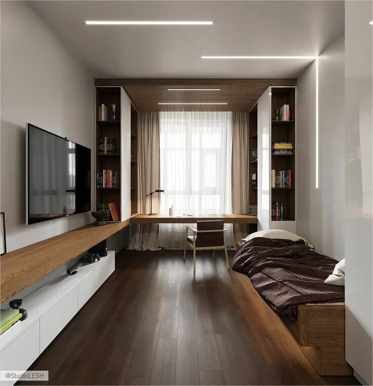 Планировка вытянутой комнаты Функциональный минимализм Студия LESH Wohnung, Schlafzimmer design, Zimmer
