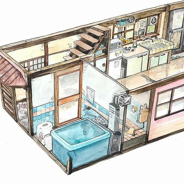 Планировка японского дома Painted the #concept #sketch of my main character's house, ground floor! An old.