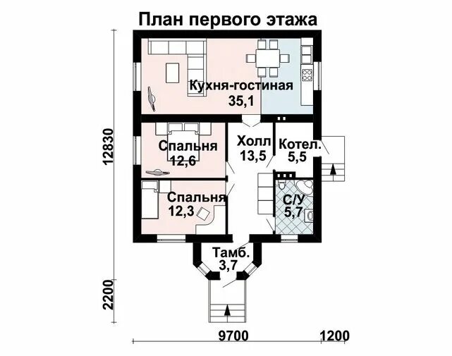 Планировки 1 этажных домов 2 спальни Проект одноэтажного дома AS-2286 из газобетона с крыльцом и эркером