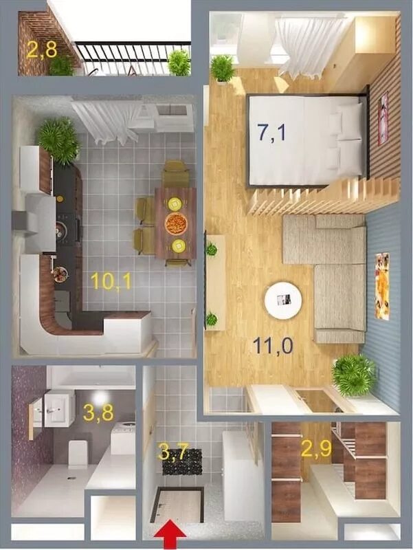 Планировки 1 х квартир ЖК Art Парк, Киев - Планировка 1-комнатной квартиры 40м2