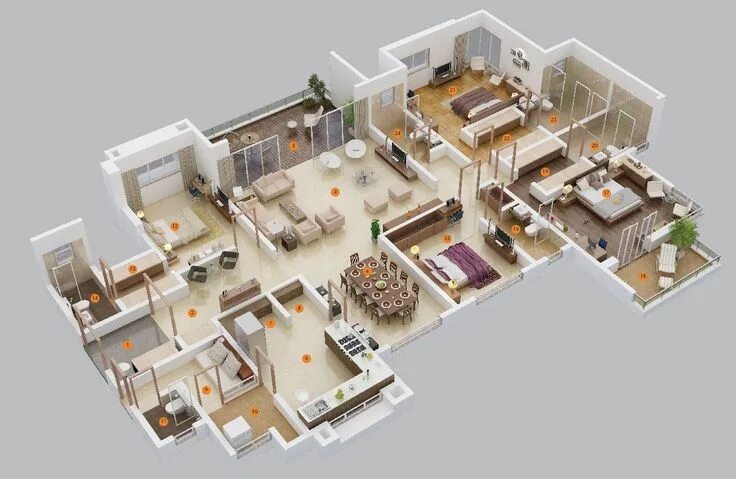 Планировки 3 4 комнатных квартир 50 Four "4" Bedroom Apartment/House Plans - Architecture & Design อ อ ก แ บ บ บ 