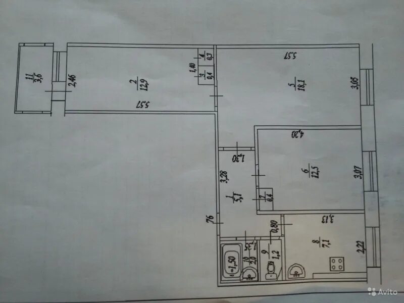 Планировки 3 комнатных квартир в панельных домах Комната 35.3 м² в 2-к квартире на 1 этаже 9-этажного панельного дома в Уфе