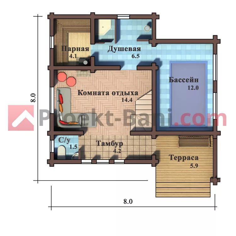Планировки бань с бассейном с мансардой Баня с гостевой комнатой HeatProf.ru