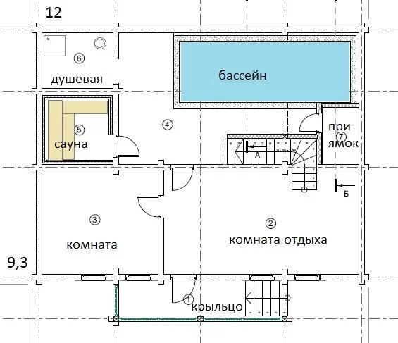 Планировки бань с бассейном с мансардой Проект двухэтажной Бани с бассейном 11,5*8,8м "VR-SH" - Частный архитектор, прое