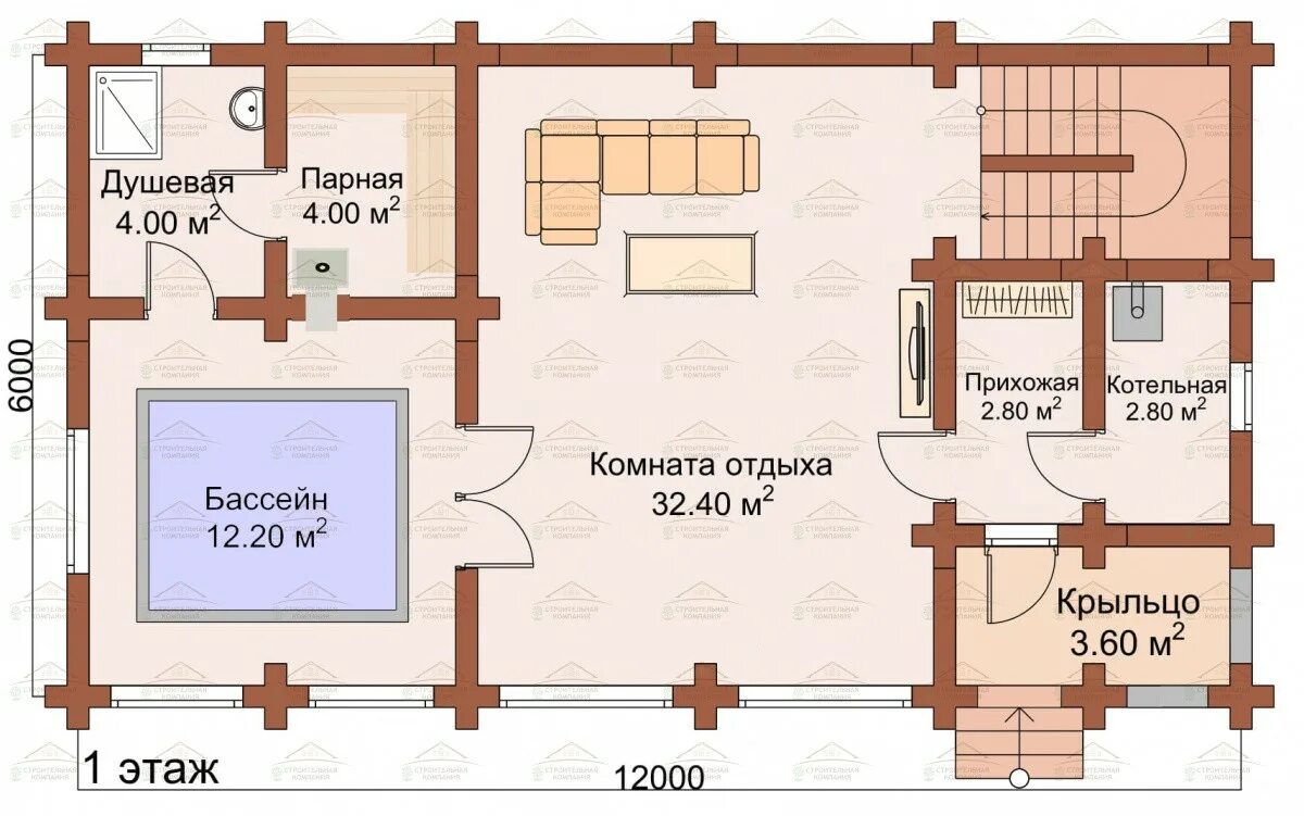 Планировки бань с бассейном с мансардой Баня с бассейном 130.92 - "СК"