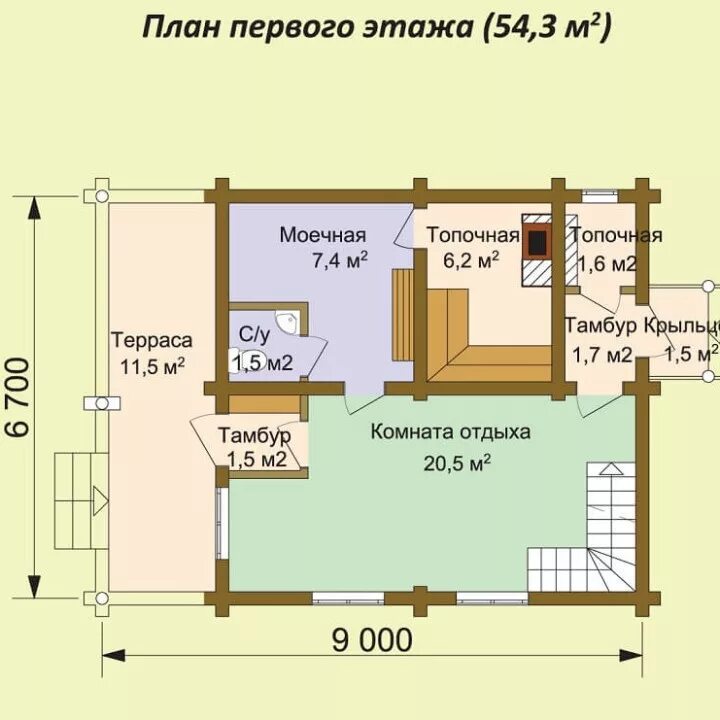 Планировки бань с комнатой отдыха и террасой Баня "Незабудка" готовый проект от компании Компактстрой