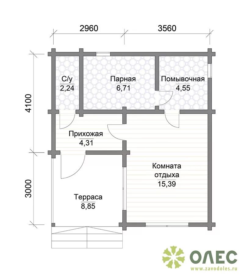 Планировки бань с комнатой отдыха и террасой Проект бани из клееного бруса, Чудово, 42 кв.м.