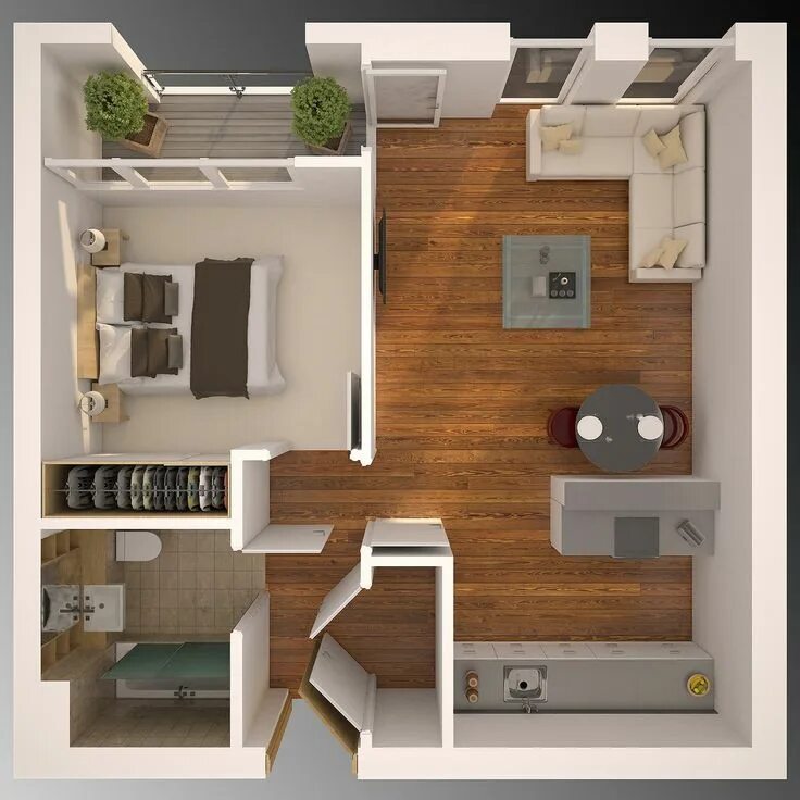 Планировки больших однокомнатных квартир Some 3D Floorplans Super Samples, R3d bertos Small house plans, Small house desi