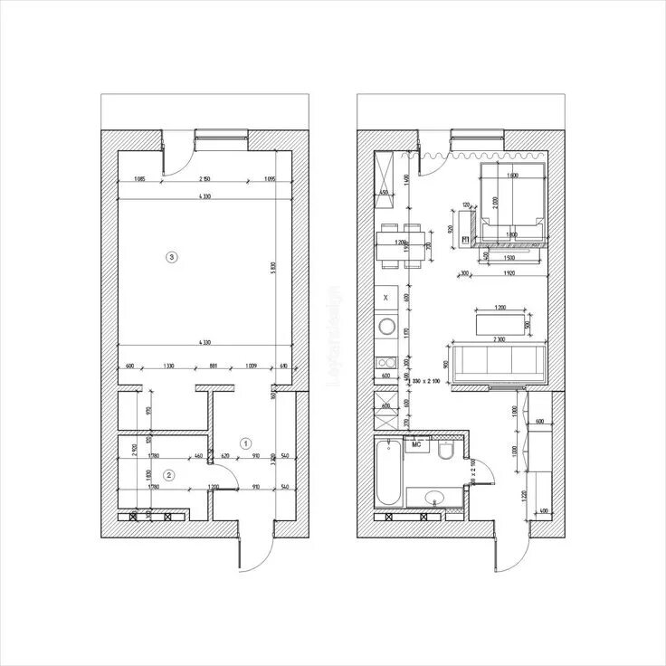 Планировки длинных квартир Квартира-студия с кроватью Plantas de casas, Plantas de estúdios, Floor plan