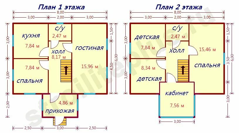 Планировки дома 6 8 двухэтажный фото Дом 6х8 из бруса с двухэтажным эркером, строительство дома 6 на 8 из бруса проек