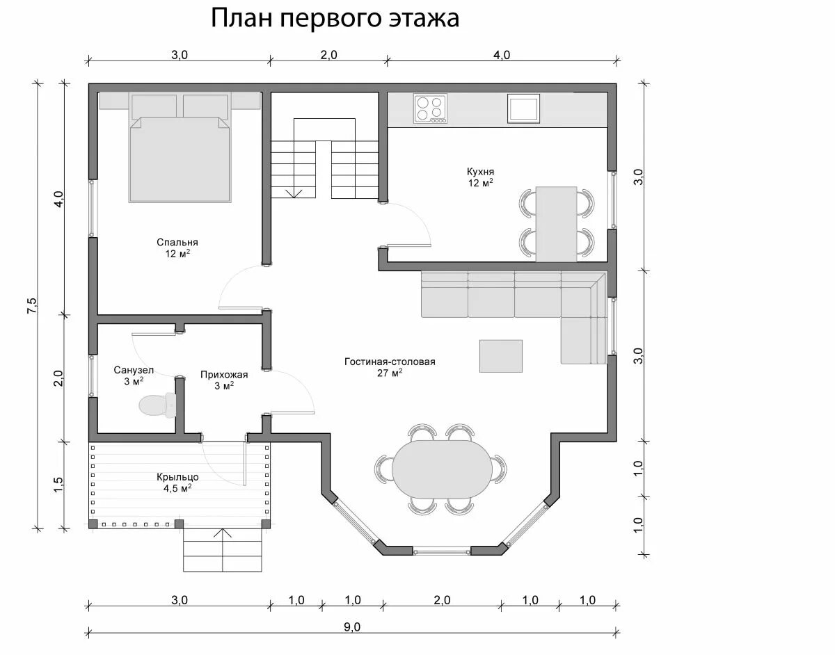 Планировки дома кухня зал Дом из бруса 6x9 "Малк" от 1790000 руб, дома из бруса c отделкой - компания "СК-