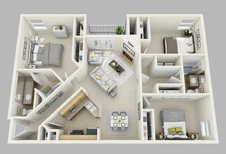 Планировки дома новый город 20 Designs Ideas for 3D Apartment or One-Storey Three Bedroom Floor Plans Home D