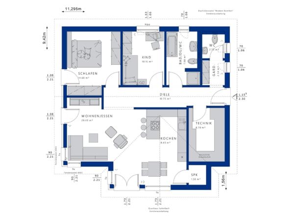 Планировки домов 3 спальни и гостиная Flachdach Bungalow Cote d'Azur modern mit Innenhof - GUSSEK HAUS HausbauDirekt.d