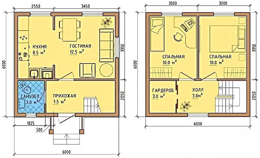 Планировки домов 4х6 Вариант планировки дома 6х6 с двумя спальнями и гардеробной на втором этаже в 20