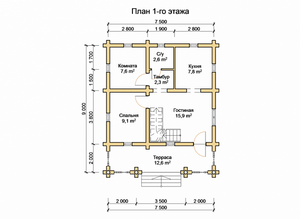 Планировки домов из бревна Дом из бревна 7,5х9 заказать по цене 1909500 руб. в г.Домодедово - izba-mechty.r